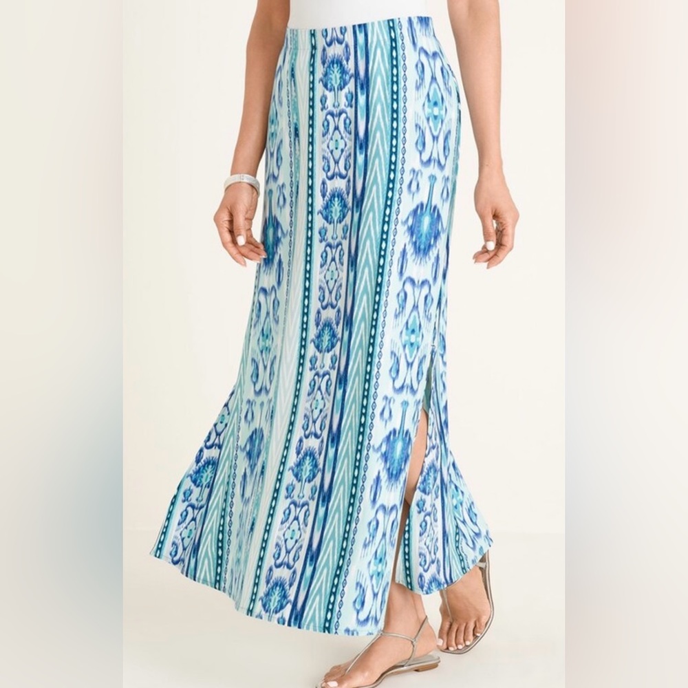 NWT Chico’s Ikat-Print Double Side-Slit Maxi Skirt Sz 4 Turquoise Blue Vacation